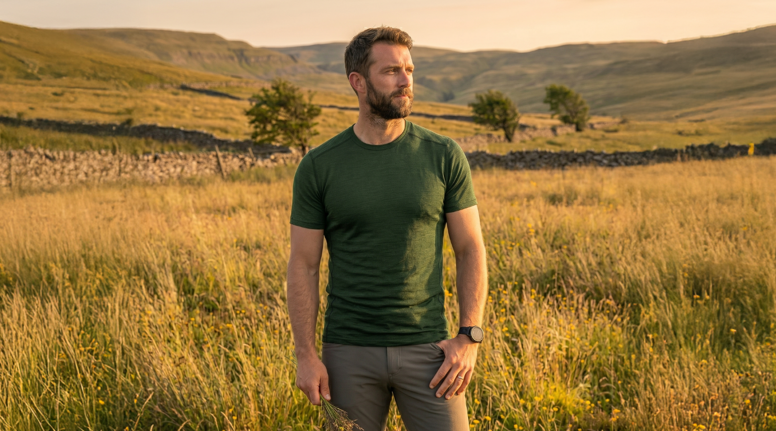 A bearded man standing in a sunlit grassy field, wearing a dark green short-sleeved t-shirt and grey pants, holding a few sprigs of grass. Rolling hills and a low stone wall are in the background.