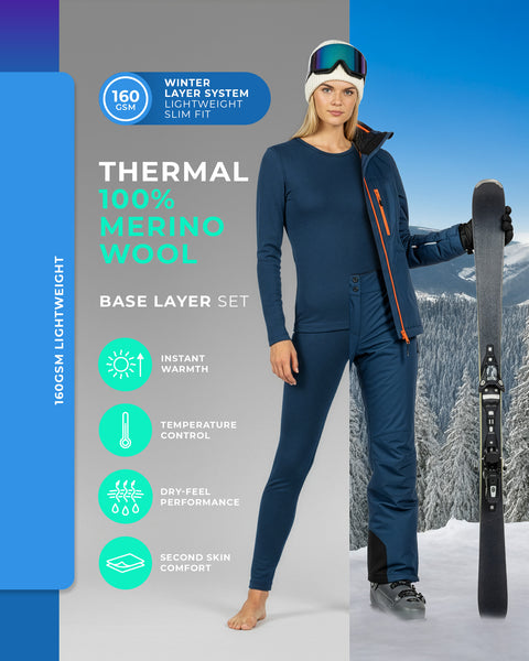 Damen-Unterwäsche-Set aus Merinowolle in Denim, 160 g/m² leichte Thermounterwäsche für Wintersport und zum Schichten