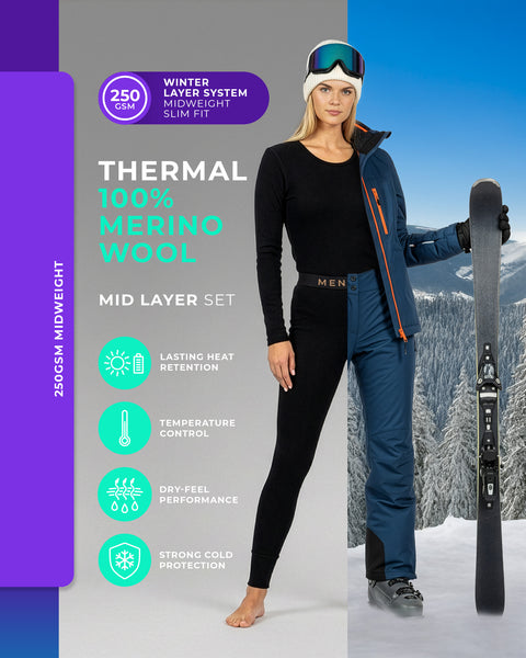 Damen Thermo-Mittelbekleidung-Set mit 250 g/m² aus 100 % Merinowolle in Schwarz, eng anliegende Basisschicht für Wintersport, Skifahren und Schichten bei kaltem Wetter