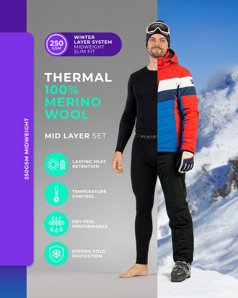 Thermounterwäsche-Set für Herren aus 250 g/m² schwerer, 100 % Merinowolle in Schwarz, eng anliegende Winter-Basisschicht zum Skifahren, für Aktivitäten im Freien und kaltes Wetter