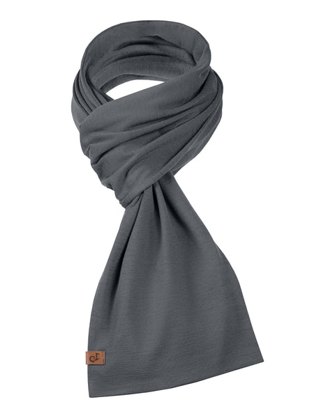 Unisex grey Merino wool scarf folded in a stylish knot, with small logo tag.