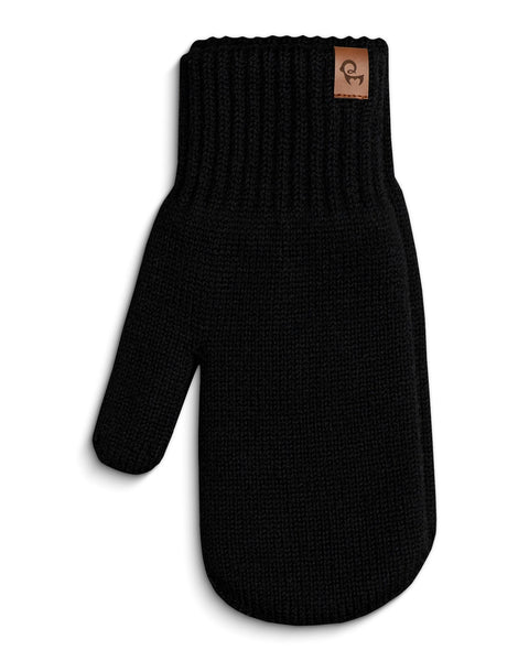 Black knit glove with a brand label on a white background