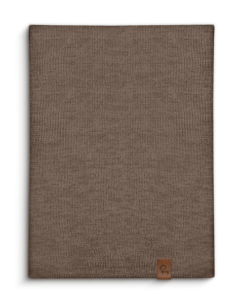 Brown Merino wool knit neck gaiter laid flat with a small leather logo tag.