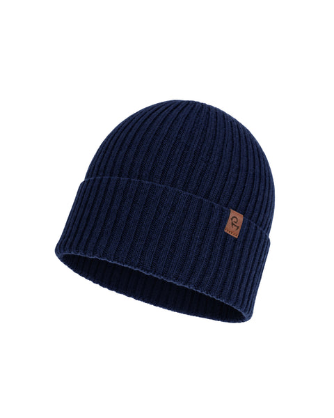 A navy blue ribbed knit beanie featuring a folded brim with a small brown square logo tag on the side, displayed against a plain white background.