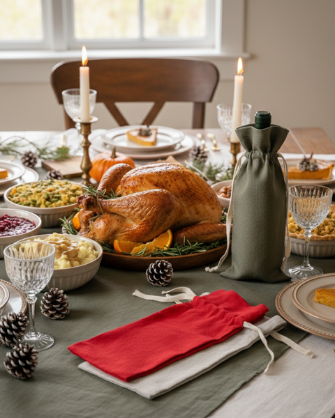 Thanksgiving dinner table with reusable wine bottle bag — eco-friendly fabric wine gift bags in red, beige, and green for holiday hosting.