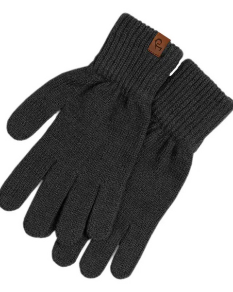 
A pair of menique brand dark grayknit gloves with ribbed cuffs. A small, rectangular tan leather tag with the "menique" logo is visible on the cuff of the left glove. The gloves are laid flat against a white background.