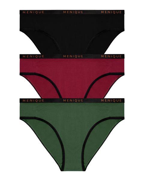 Women’s merino wool bikini underwear 160gsm in dark green, royal cherry, black colors. Breathable soft base layer panties with elastic logo waistband