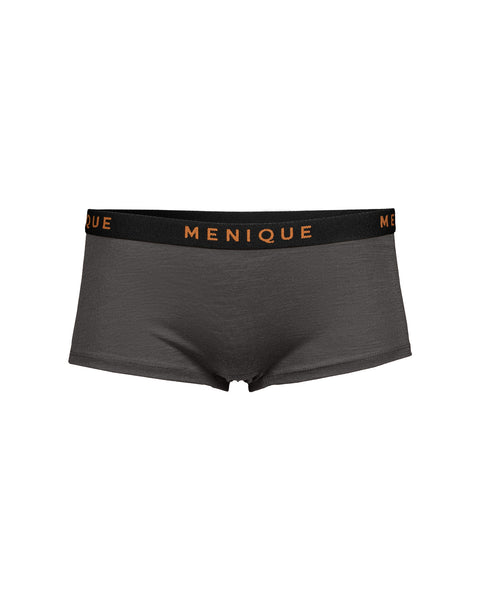 A flat-lay product shot of women's boxer-style underwear in a charcoal grey color. The garment features a slightly heathered texture and a contrasting black elastic waistband with the brand name "MENIQUE" woven in light brown text. The background is pure white.
