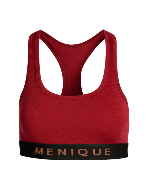 the menique women's sport bra royal cherry, white background.