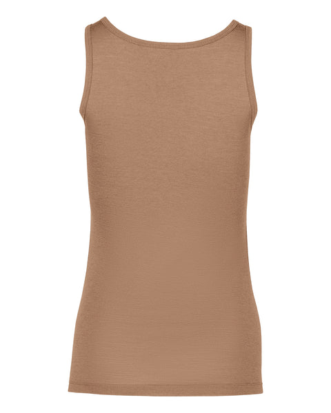A flat lay product shot showing the back of a women's fitted, beige sleeveless tank top against a pure white background. The top features a moderate scoop back neckline and neatly hemmed edges, with a subtle horizontal grain visible in the fabric.