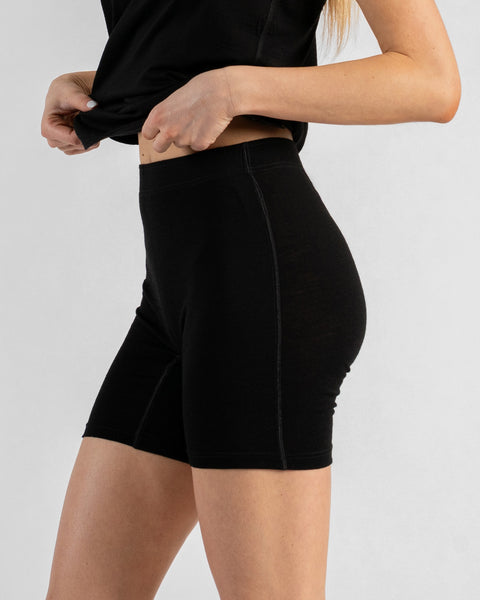 A side-profile view of a model facing left, wearing black, form-fitting short leggings and a black top against a plain light background. Both hands are holding the hem of the top, highlighting the high waist, side seam, and overall fit of the shorts.