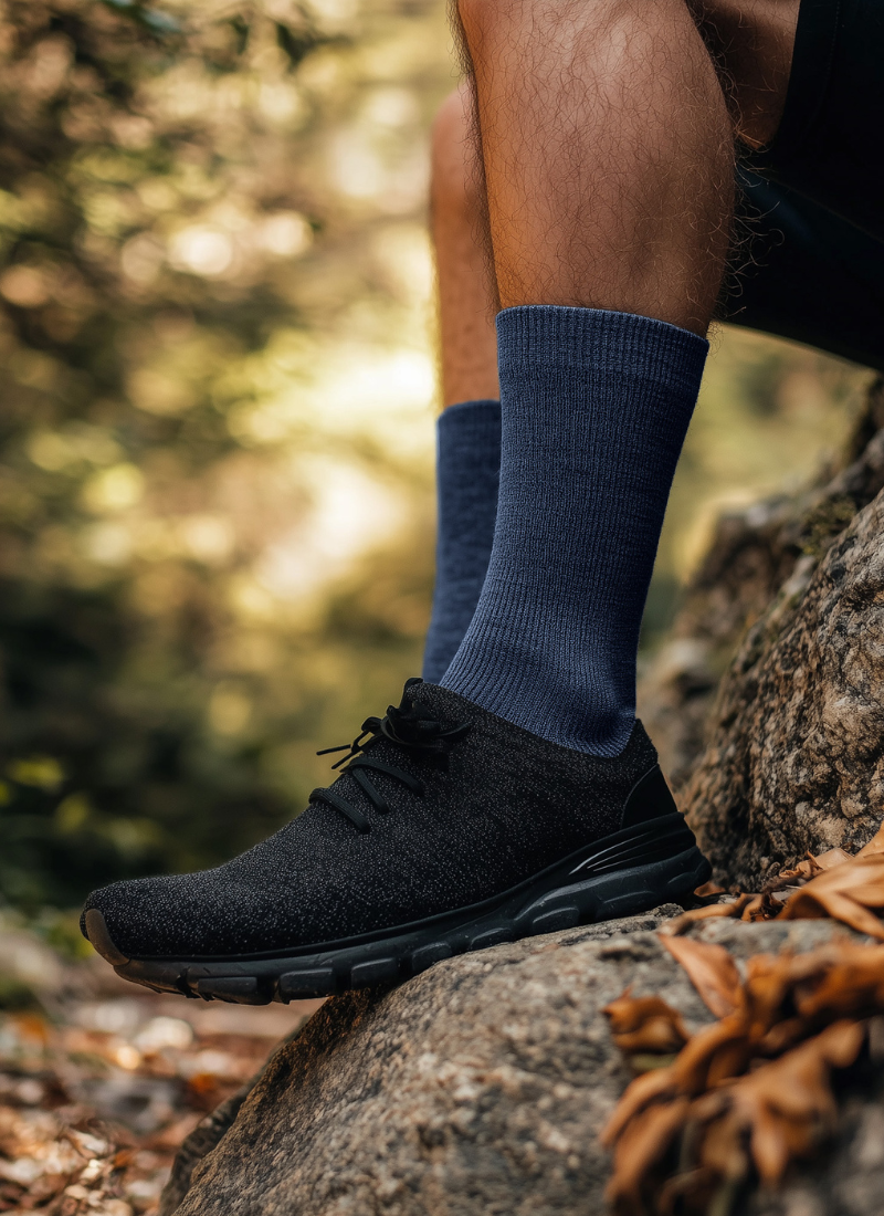 A close-up shot of a person's black sneaker and dark blue sock, standing on a log with fallen brown leaves in a forest.