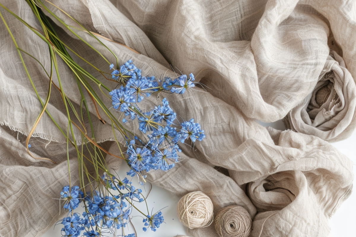 An aesthetic flat-lay featuring a sprig of small bright blue flowers resting on top of rumpled, light beige linen fabric, creating a soft and natural look.