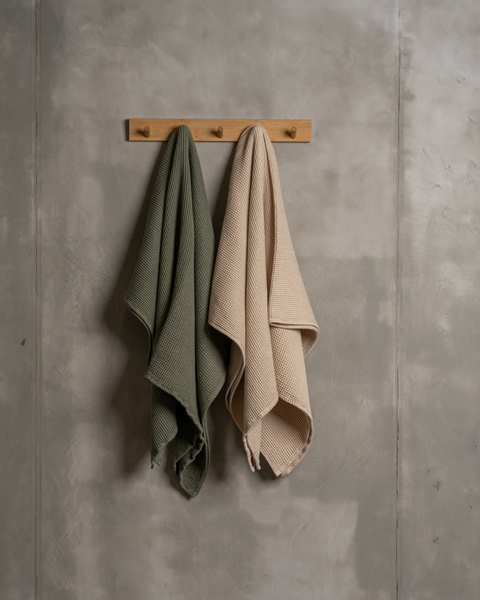 Two linen &amp; cotton waffle body towels hanging on a wooden rack, one in stone green, and the other in sand brown color.