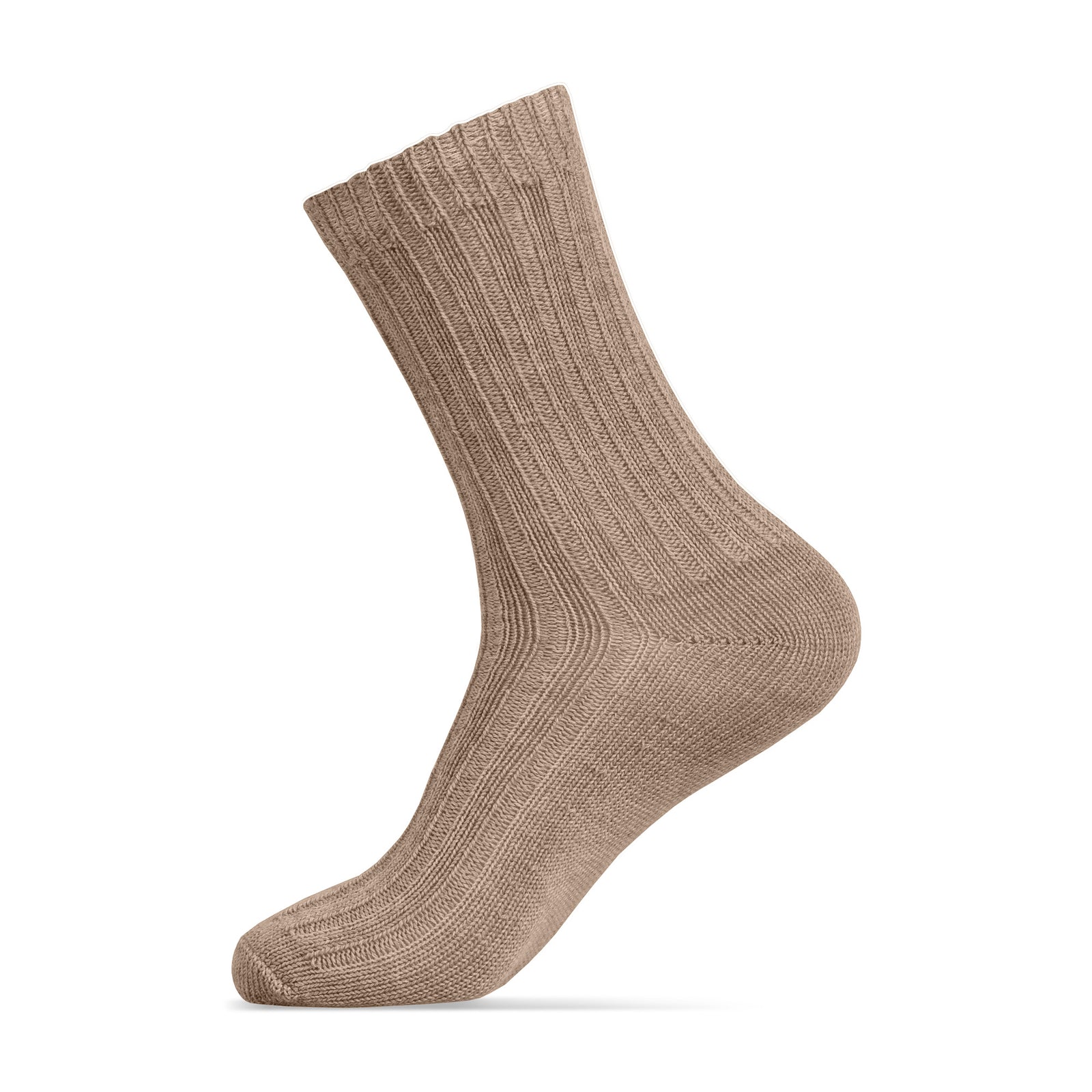 Three pairs of women’s beige ribbed thick socks, neatly folded with Menique brown paper packaging labeled ‘Premium Quality – Merino Wool.