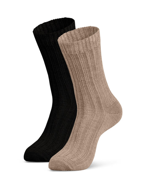 Set of two women's merino wool socks in beige and black – ribbed texture, soft, and sustainable knitwear.