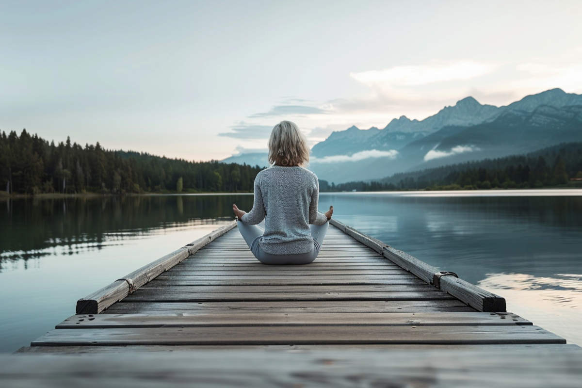 A person sits in a meditative pose at the end of a long wooden pier overlooking a calm, still lake. The serene landscape features rolling hills and a soft, overcast sky reflecting off the glassy water.