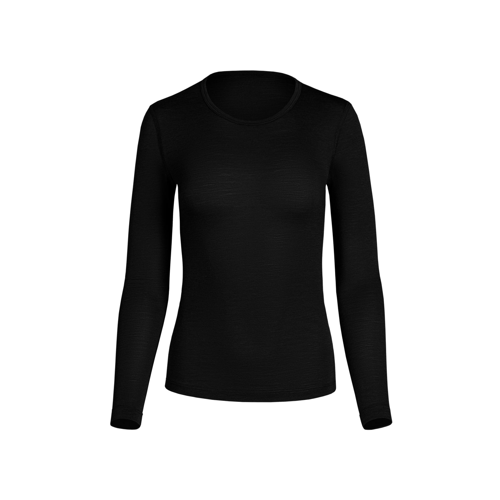 Woman wearing a black long-sleeve merino wool base layer top, shown from a side angle while stretching her arms, highlighting the slim fit, smooth fabric texture, and ergonomic design suitable for layering and active wear.