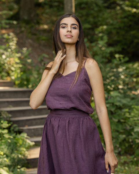 Kim and Sophia Matching Linen Two-Piece Set in Shadow Purple color