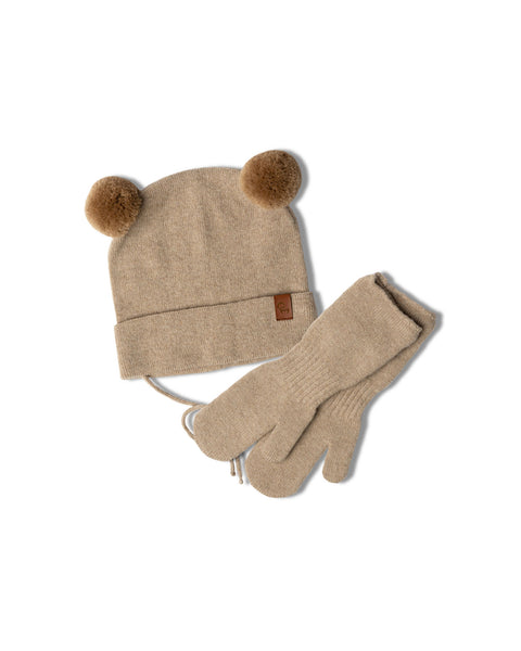 Knitted Baby Beanie &amp; Mitten's 2-Piece Set Creamy beige